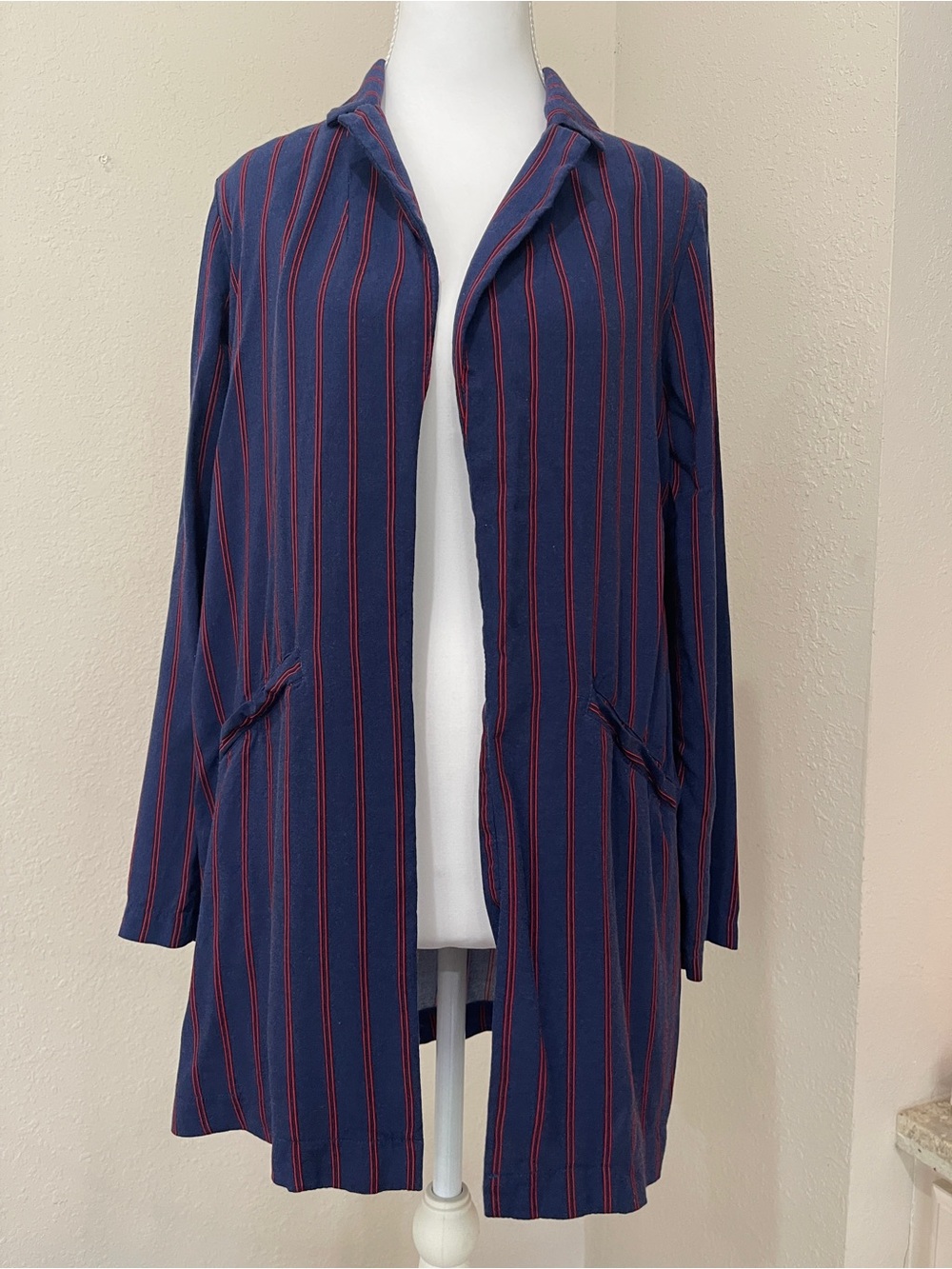 Navy & Red Striped Open-Front Long Blazor Size M